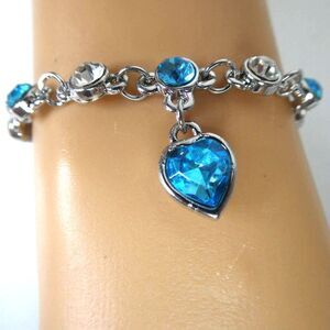 Silver Tone Blue Rhinestone Heart Station Charm Dangle Bracelet Anklet Sparkly